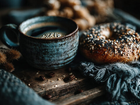 A delicious image of a bagel served with a cup of coffee
