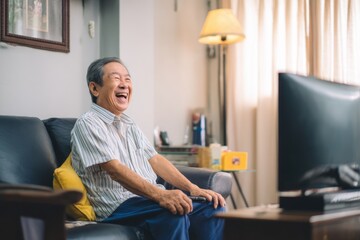 Older Korean Man's Delightful Viewing Experience A Portrait of Joy and Television Entertainment in Living Room Setting