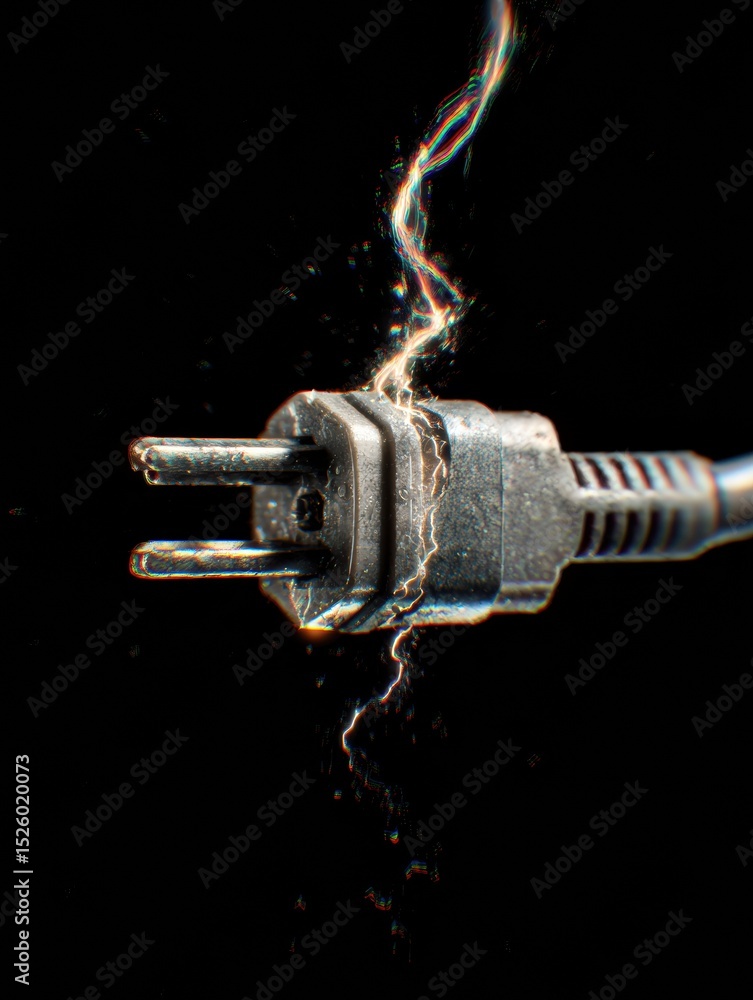 Poster disconnected plug and wire exhibit glitch spark effect against dark background