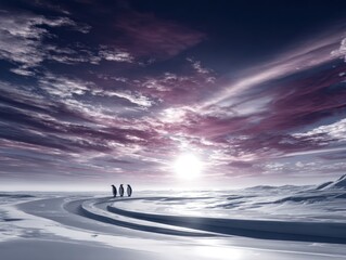 Penguins on a frozen plain at sunrise