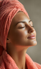 Fototapeta premium Serene beauty with closed eyes enjoying a spa day wrapped in a soft towel relaxation and tranquility concept