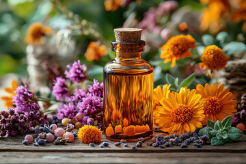 Bach flower therapy: A calming image of Bach flower remedies displayed with nature elements in the background.
