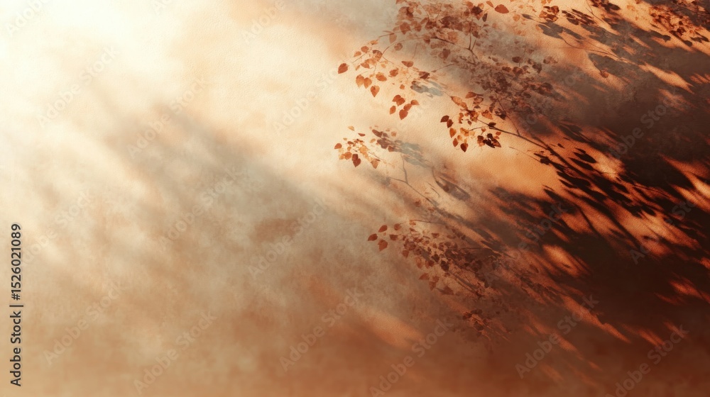 Poster soft sunlight casting long shadows of delicate autumn leaves on a textured surface creating a warm a