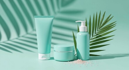 Mint green cosmetic packaging with a natural palm leaf shadow, creating a minimalist skincare product display.
