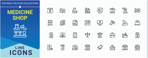 Medicine Shop icon set. Contains related to pharmacy, treatment, pharmaceutical, syringe, medication, pill. Pharmacy icon pack. Sign and Symbol. Signs for web and mobile app.