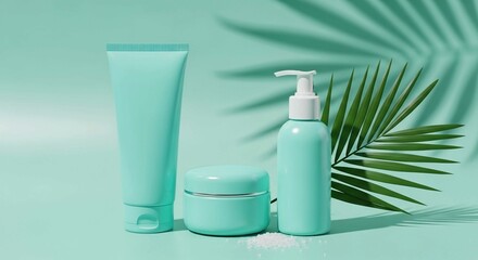 Clean and refreshing image of mint green cosmetic containers, accented by a tropical palm leaf shadow.
