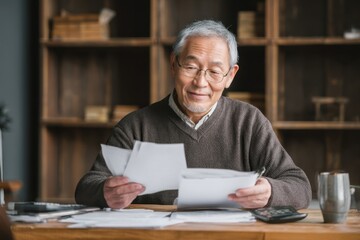 Senior Gentleman Carefully Sorting Through His Paperwork At His Desk In His Home With Smile On His Face