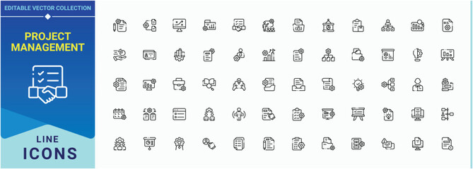 Project Management linear icon collection. Manage line icon set. Contains outline symbols like project, work, manager, plan, development, solution and more. Editable vector stroke.