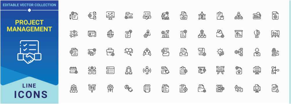 Project Management linear icon collection. Manage line icon set. Contains outline symbols like project, work, manager, plan, development, solution and more. Editable vector stroke.