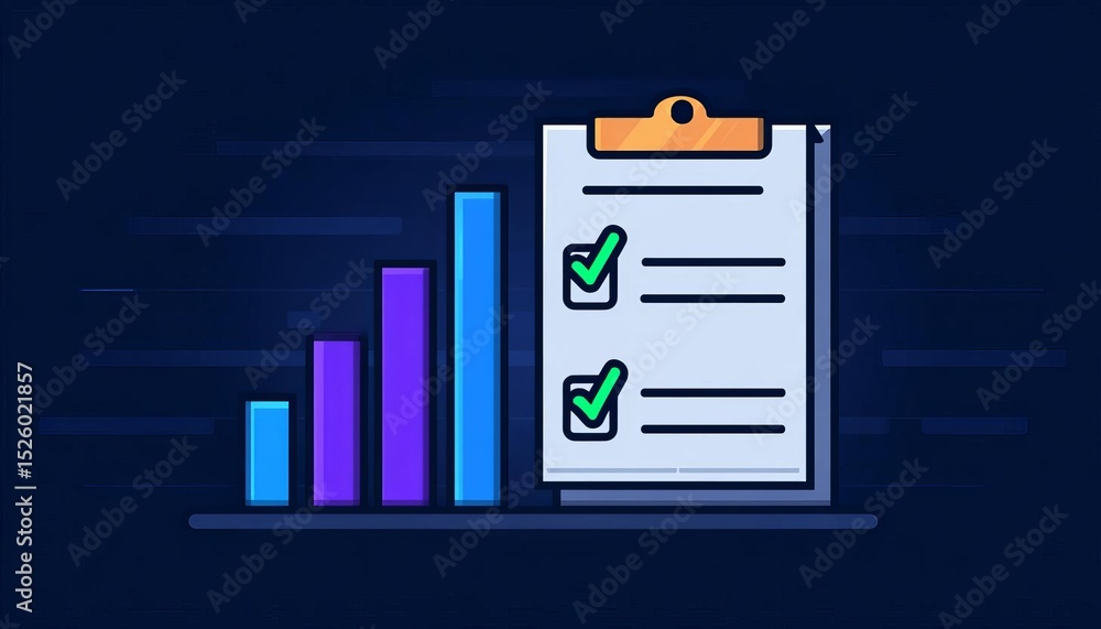 Poster a digital checklist with ascending bar graphs on a dark background.