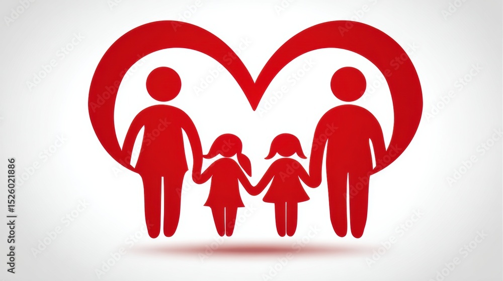 Poster family bond illustrated through a red heart shape symbolizing unity and love with an open top edge f