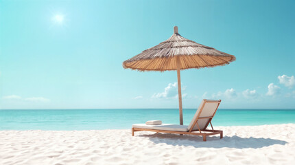 A beach umbrella is on the sand next to a beach chair