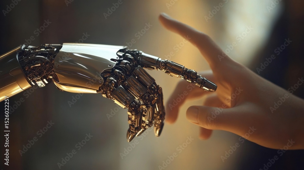 Poster a close-up view showcasing a human hand reaching towards a sleek robotic hand, symbolizing the mergi