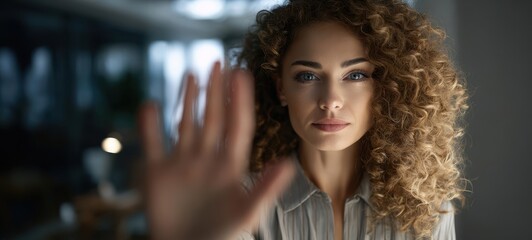 The Woman with Curly Hair Offering a Gentle Hand Gesture