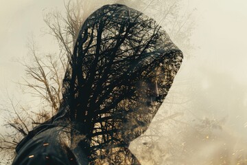 Mans face double exposure with trees in background