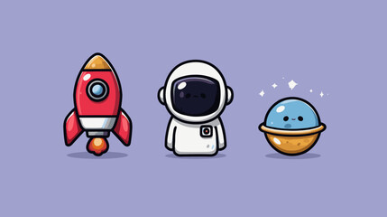 Colorful cartoon space characters featuring a rocket, astronaut, and alien creature on a purple background