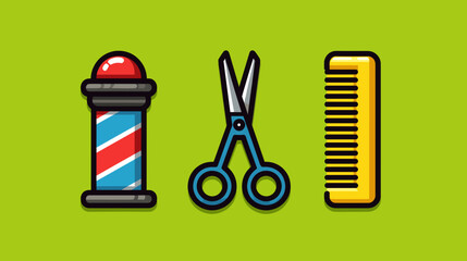 Bright and colorful barber tools including a pole, scissors, and comb against a vibrant green background