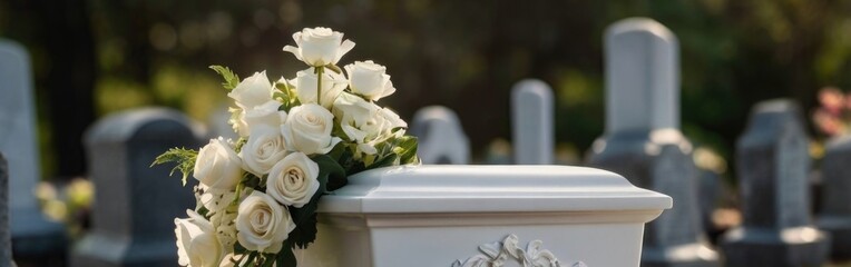 Obraz premium Decorative urn surrounded by roses at a peaceful cemetery during daylight