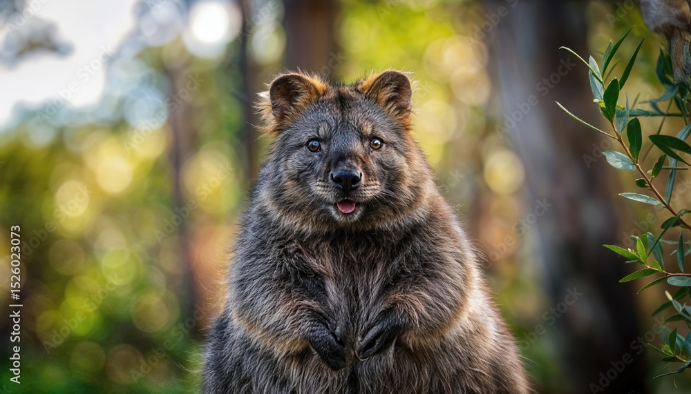 Aufkleber curious quokka with open paws in a lush green forest setting at twilight, showcasing playful express
