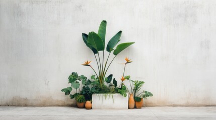 Tropical plants arranged against a light beige wall