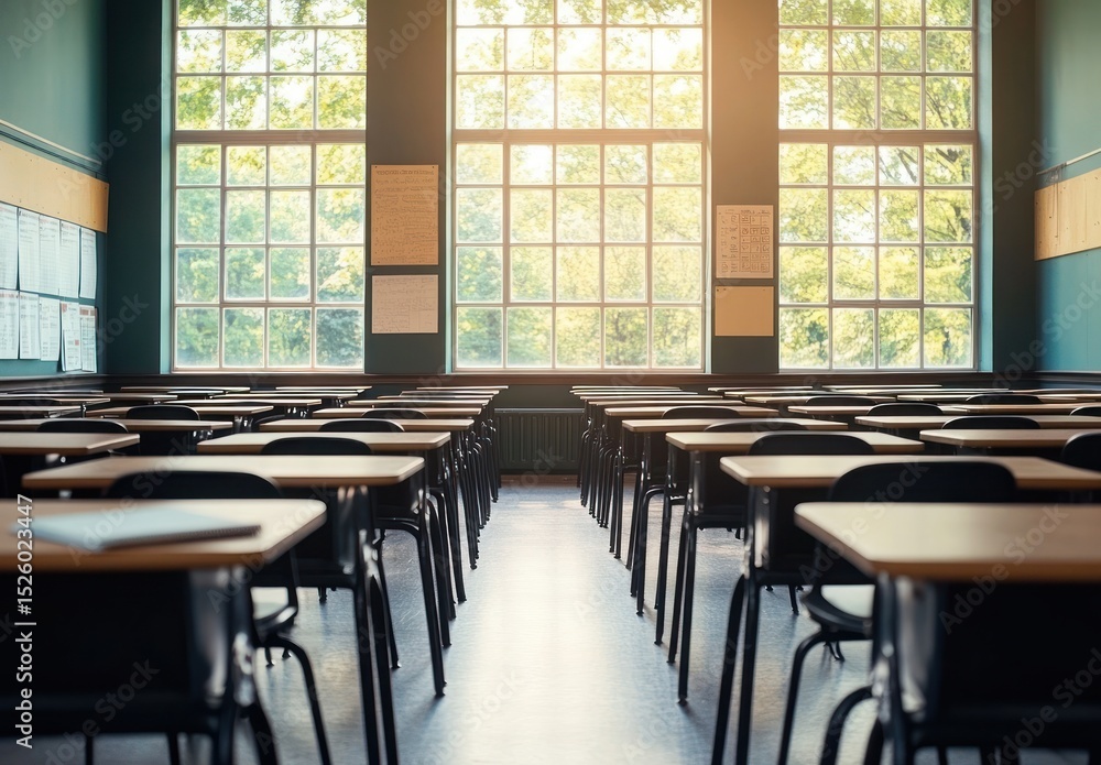 Poster Empty classroom with rows of desks and chairs illuminated by warm sunlight through large windows showcasing green trees outside