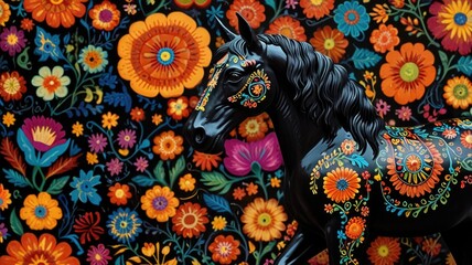 A beautifully decorated black horse surrounded by vibrant floral patterns in a colorful artistic display