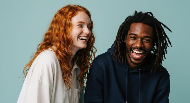 Two diverse adults laughing together studio portrait positive human connection friendship imagery