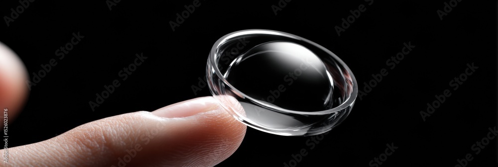Poster Transparent Contact Lens Floating Above a Fingertip in a Close-Up View With a Dark Background Highlighting Clarity
