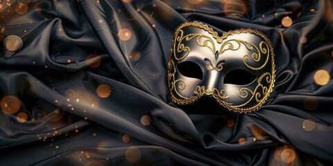 Golden venetian mask on black fabric