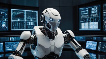 Futuristic White Male Robot with Artificial Intelligence in High-Tech Control Room