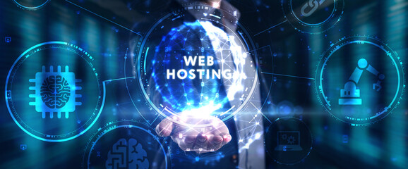 Naklejka premium Web Hosting. The activity of providing storage space and access for websites. Business, modern technology, internet and networking concept.