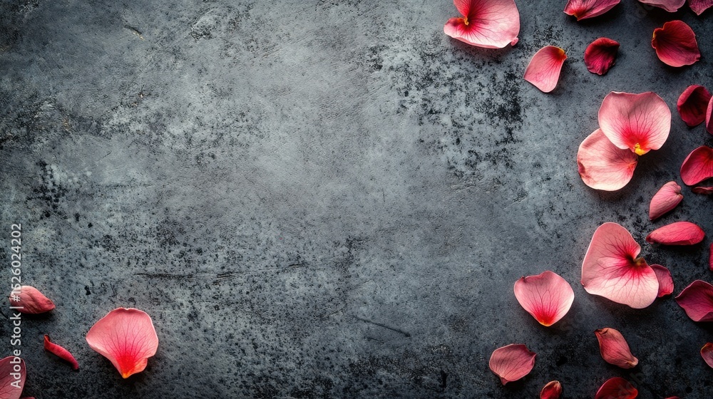 Poster a collection of delicate pink flower petals scattered on a dark textured surface, creating a serene 