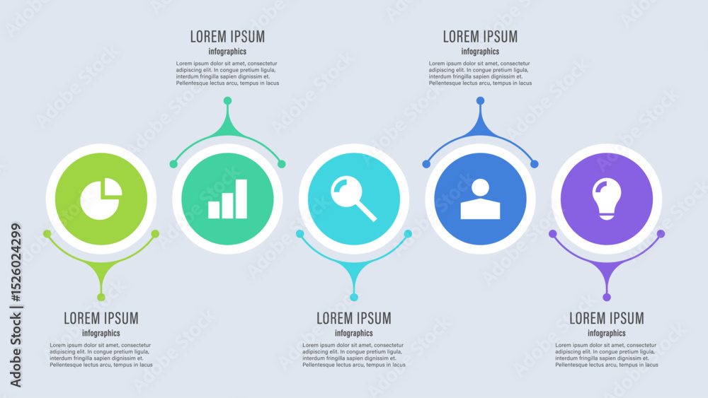 Poster five round infographic elements with business icons and space for data.