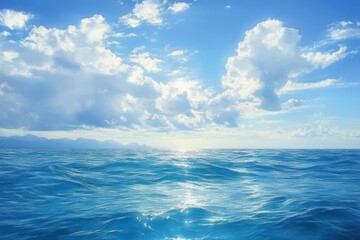 Vast blue ocean under a bright sky scattered with fluffy white clouds and distant mountains along the horizon, evoking calm and freedom