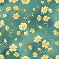 Vintage seamless tiny floral pattern. Turquoise background with small light yellow flowers. Design for wallpaper, clothing, packaging, fabric, cover, textiles Generative AI 