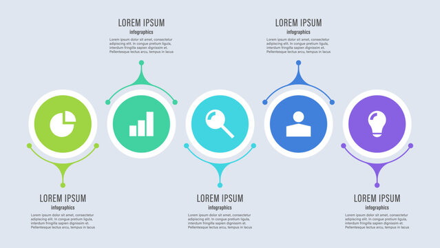 Five round infographic elements with business icons and space for data.