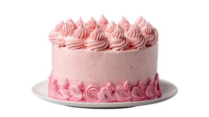 Delicious pink birthday cake with frosting and decorations isolated on white background
