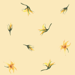 Yellow flowers and buds of tomato plant seamless pattern. Watercolor summer botanical floral design. Realistic hand drawn illustration for fabric print, labelling on isolated beige coloured background