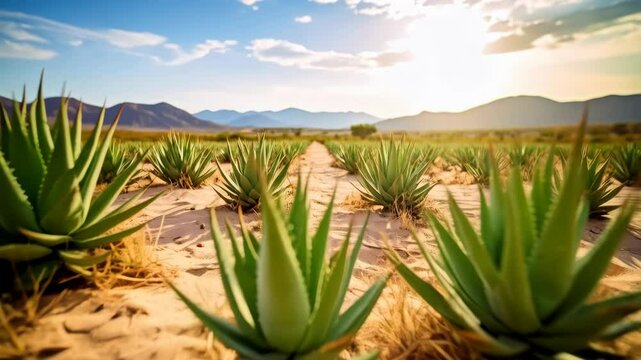 Agave plants growing in desert with mountain background, landscape of arid scenery of succulent plants in sandy soil under blue skies