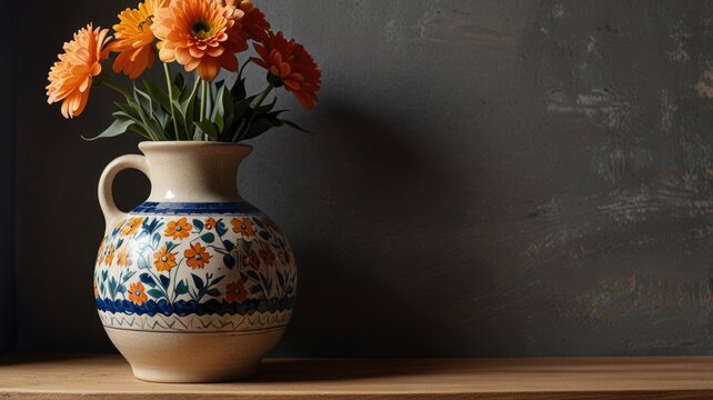 A vibrant bouquet of colorful flowers in a handcrafted vase on a wooden table in a cozy setting