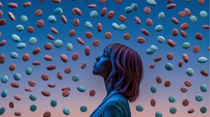 Woman gazing at falling pills