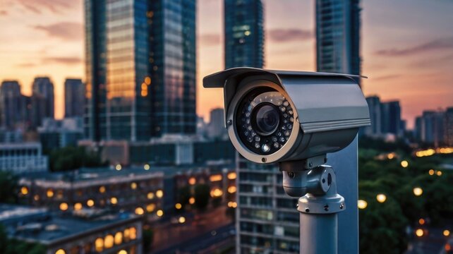Surveillance Night Camera Overlooking City Street at Dusk. Urban Security Concept