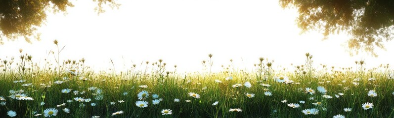 Bright meadow with green grass and white daisies under a sunlit sky framed by tree leaves, evoking calm and natural beauty