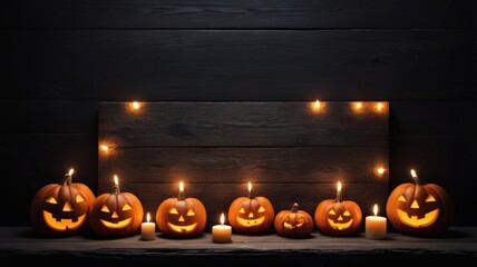 Wooden sign surrounded by glowing candles and bright pumpkins on dark background for autumn holiday Halloween.