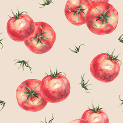 Tomato with green stalks. Red vegetables food seamless pattern. Realistic plant watercolor hand drawn illustration. Juicy fruit, farming crop for fabric, packaging. Isolated beige coloured background