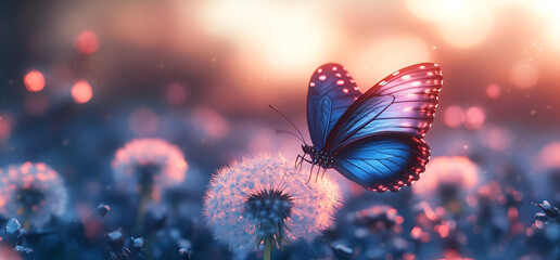 Butterfly on Dandelion: A vibrant butterfly delicately rests on a fluffy dandelion seed head, bathed in the soft, warm glow of the setting sun. It’s a dreamy scene of nature's simple beauty.