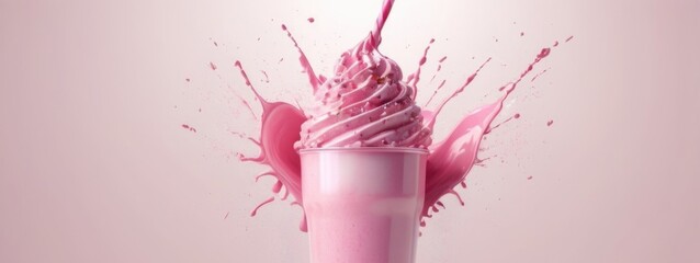 Close-Up of a Pink Milkshake with Colorful Sprinkles Against a Blurred Pastel Background