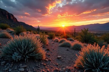 Sunset hues through verdant desert plants, Ranchos de Taos valley , hills, stock photo