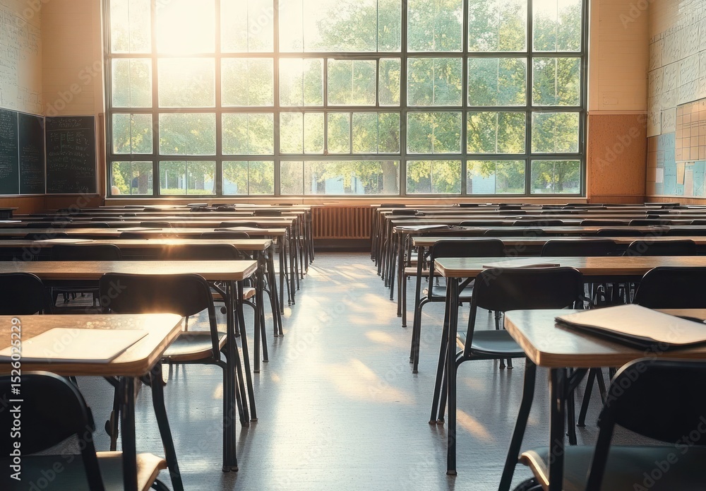 Poster empty classroom with rows of desks and chairs lit by warm sunlight coming through large windows over