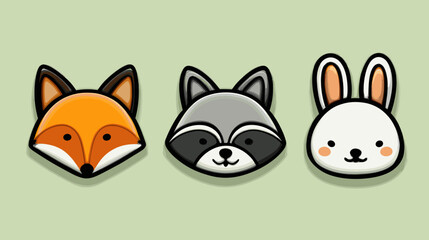 Colorful animal icons showcasing a fox, raccoon, and rabbit against a light green background for playful designs and decorations